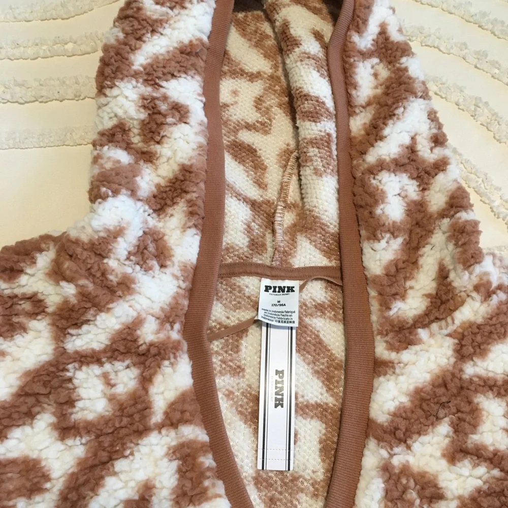 PINK Victoria's Secret Cream & Tan Sherpa Hooded Vest